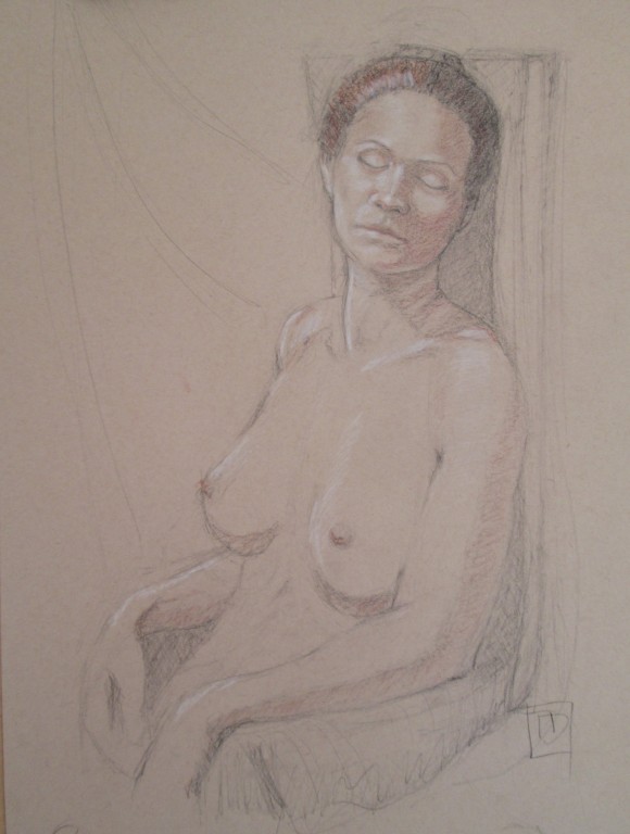Resting Nude Study 18 x 24 trois crayons on toned paper - 2 hours -from life